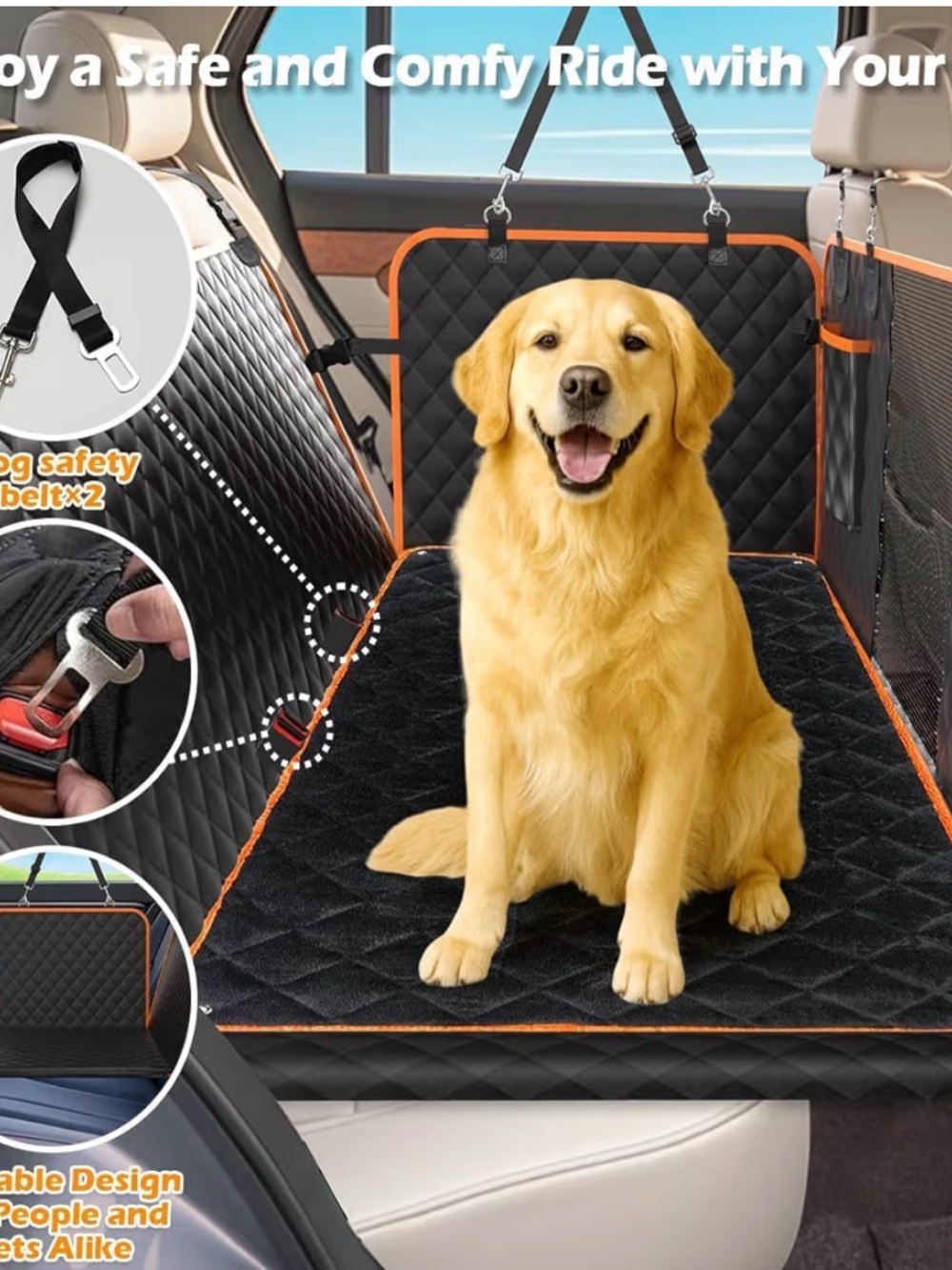 Quilted Black Dog Back Seat Protector with Orange Trim extra wide